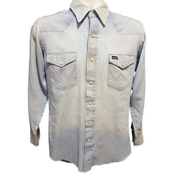 Wrangler Vintage Mens Extra Long Tails Shirt Size 15.5 Pearl Snap Blue Faded USA - Picture 4 of 16